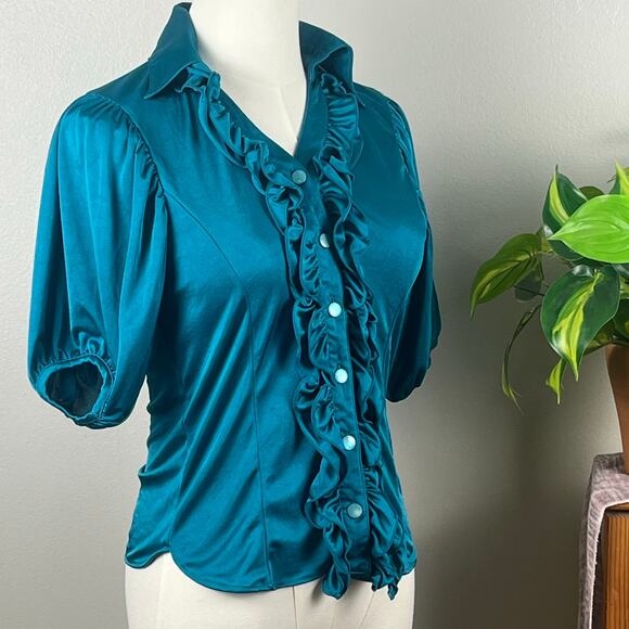 Cecil McBee Tops - Cecil McBee Teal Ruffled V Neck Buttoned Blouse Small